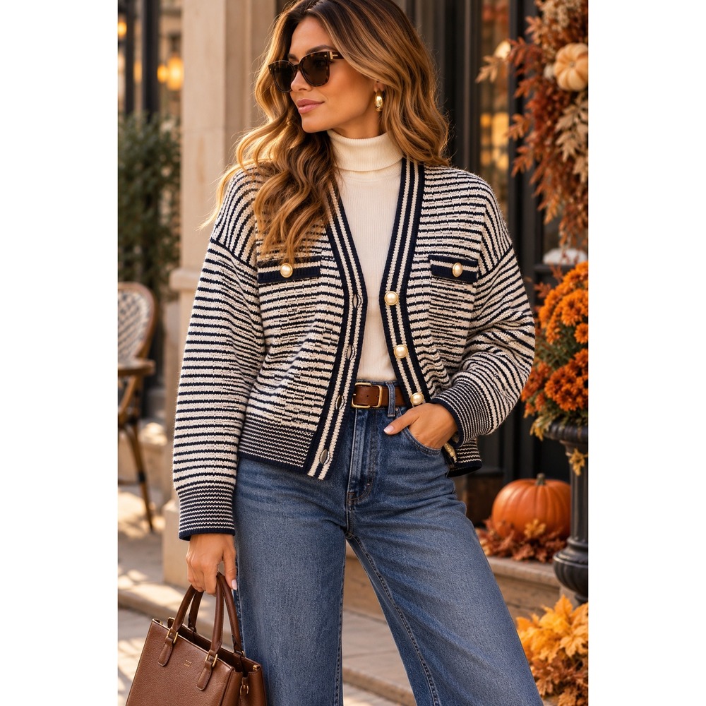 Chic Parisian Nautical Cardigan Navy Ivory Stripe Preppy Preppy Old Money Sz L